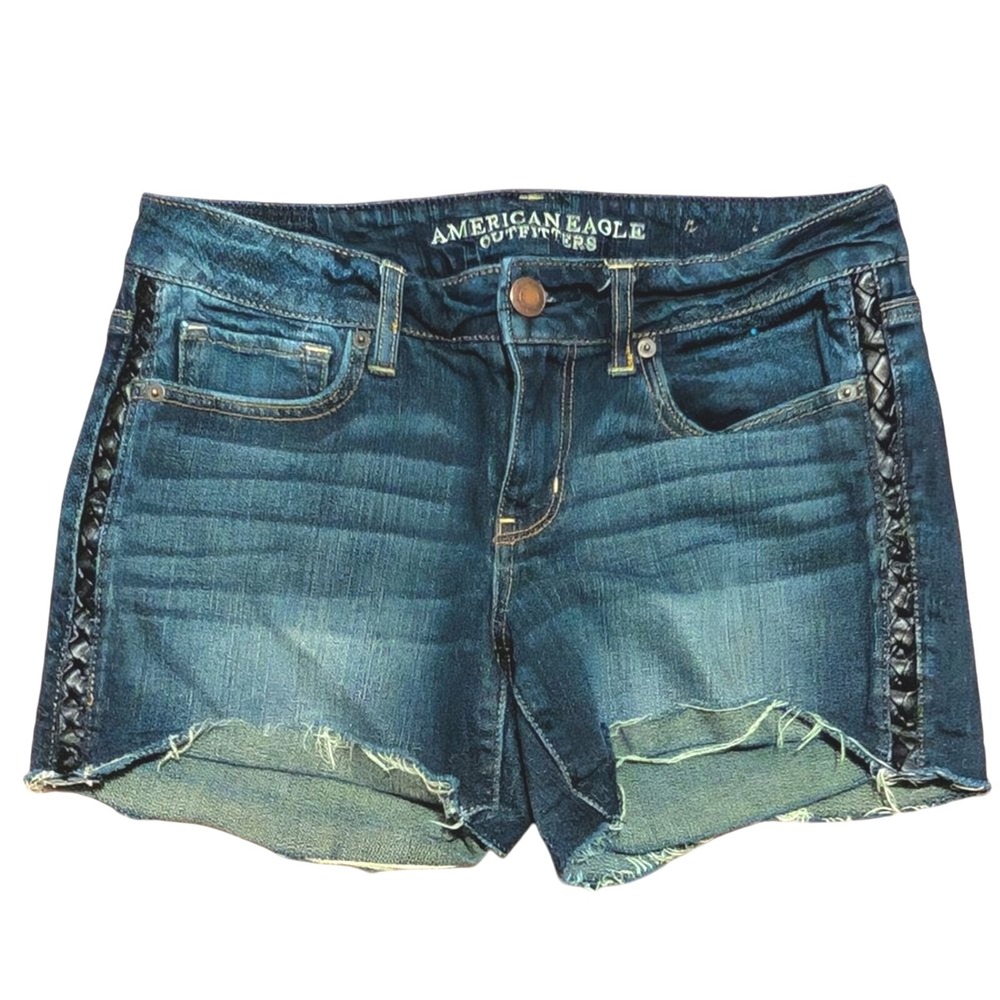 American Eagle Jean Shorts Womens 8 Blue Faded Denim Distressed Hem Braided Side